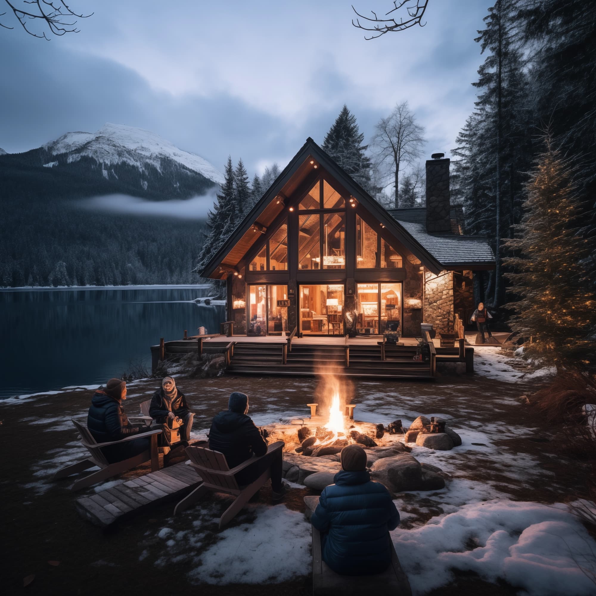 Family sitting around a fire pit in front of space